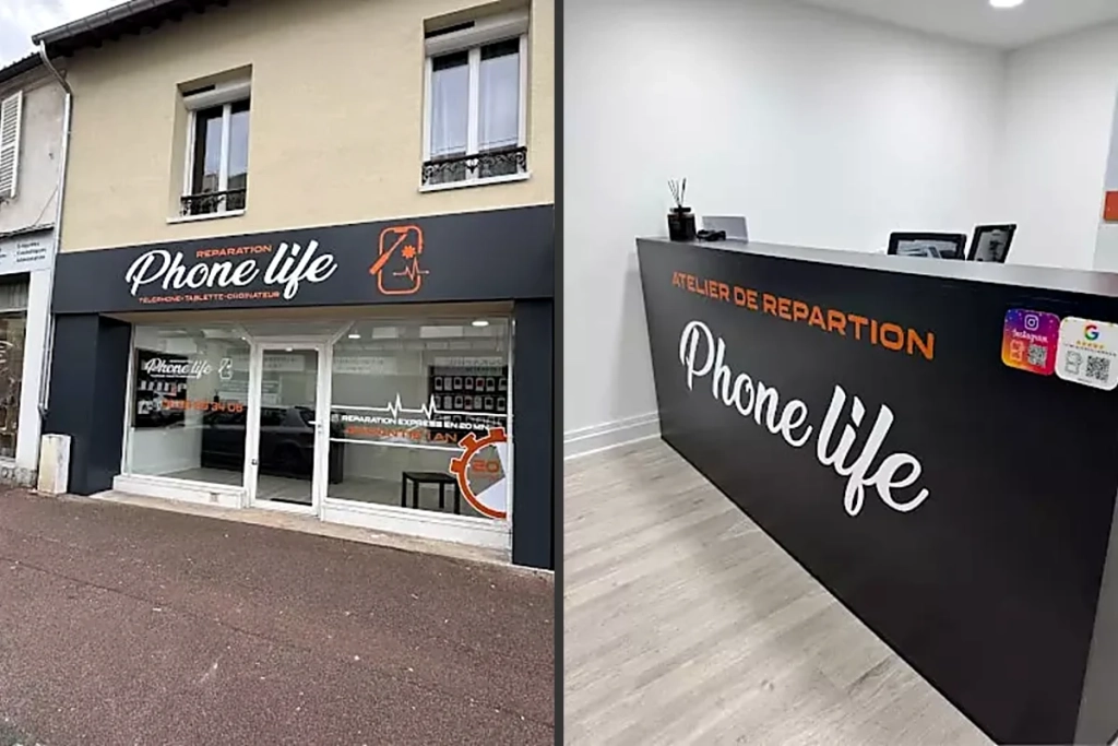 Boutique Phone Life à Fresnes : la devanture et le comptoir de l’atelier de réparation